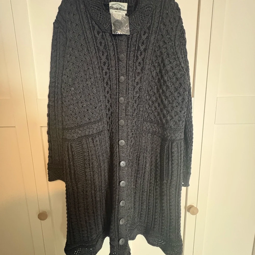 Aran Crafts Black Cable Knit Cardigan Coat - Picture 1 of 11